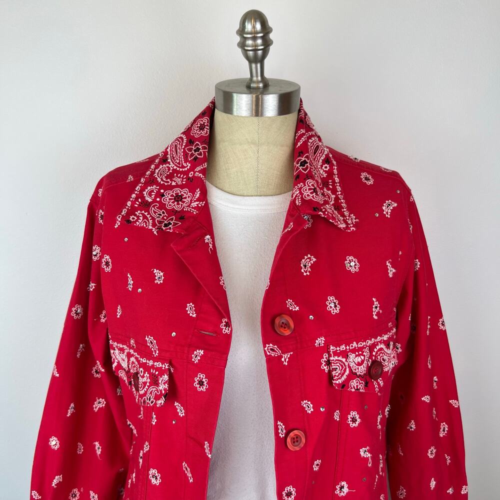 The Quacker Factory Paisley Western Jacket Red Beaded Bedazzled Bandana (Sz S) - Picture 12 of 16